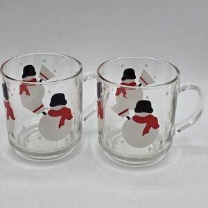 Luminarc snowman drinking glass/ coffee mug Christmas Vintage Set of 2